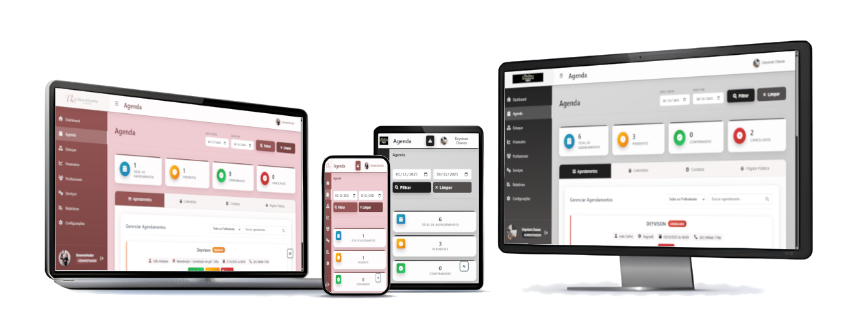 Preview do sistema Agendaqui exibido em diferentes dispositivos: laptop, smartphone, tablet e desktop